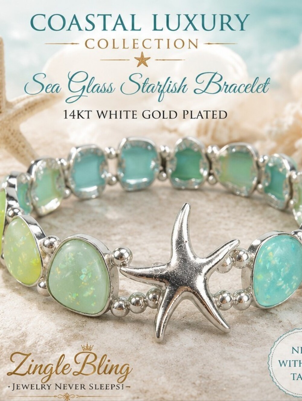 Sea Glass Starfish Bracelet 14K White Gold Plated Coastal Stretch NWOT